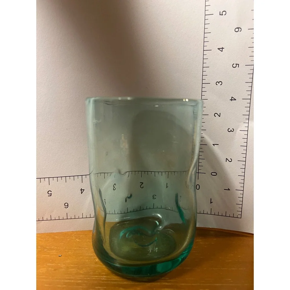 Hand Blown Aqua Teal Art Glass Tumbler Wavy‎ Thumbprint Juice Water Glass 4.5